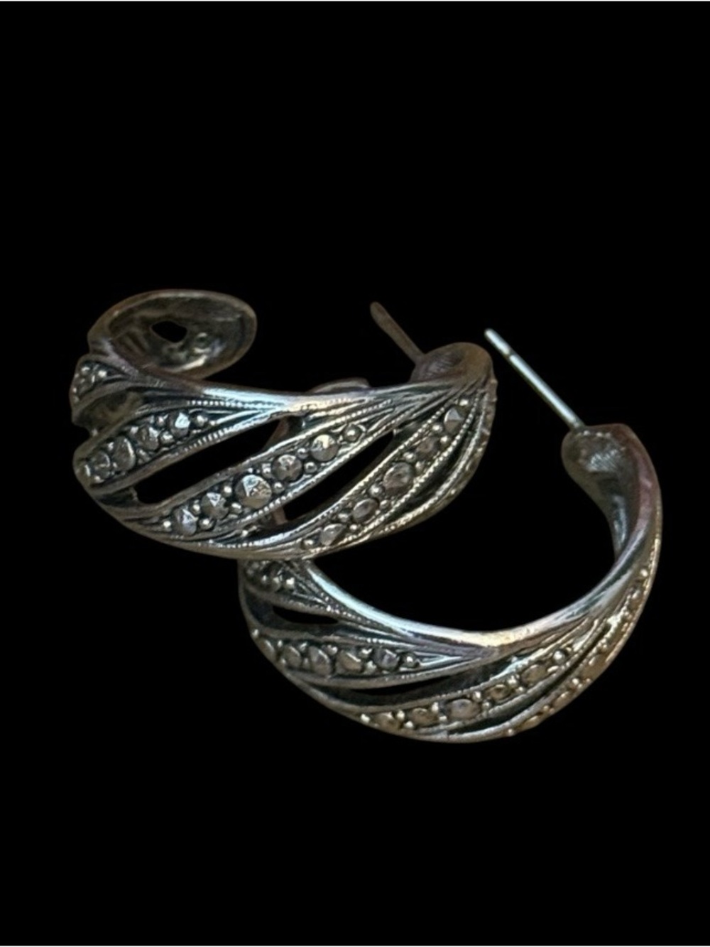 Vintage Avon silver tone openwork marcasite hoop earrings